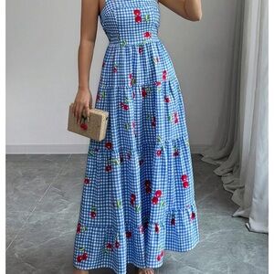 Blue Gingham Cherry Print Maxi Dress